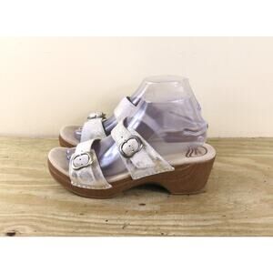 Dansko Sandals Womens 9 White Metallic God lSophie Leather 39 Wooden Heel